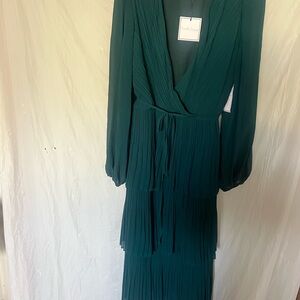 Premier Emerald Green Long Sleeve V Neck Dress belted lined layered with pleats